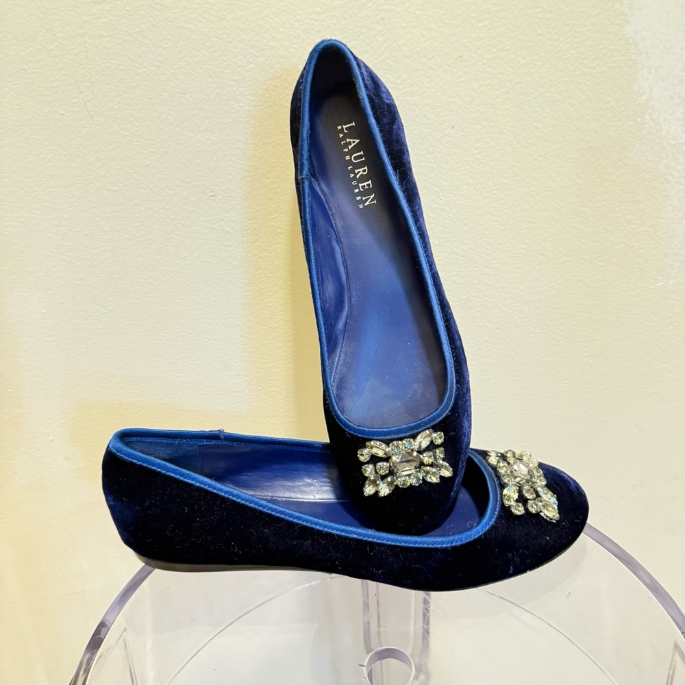 Ralph Lauren Deep Blue Velvet Flats with Crystal Embellishment